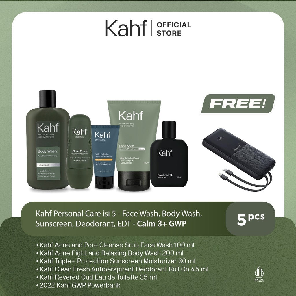 [KAHF BUNDLE 5IN1 PAKET PERAWATAN DAILY USE ESSENTIALS : WAJAH GLOWING, BADAN BERSIH, BEBAS KERINGAT, & WANGI SEHARIAN] Paket Personal Care (Face Wash + Sunscreen + Body Wash + Deodorant + Eau de Toilette) - Suitable for Daily Use
