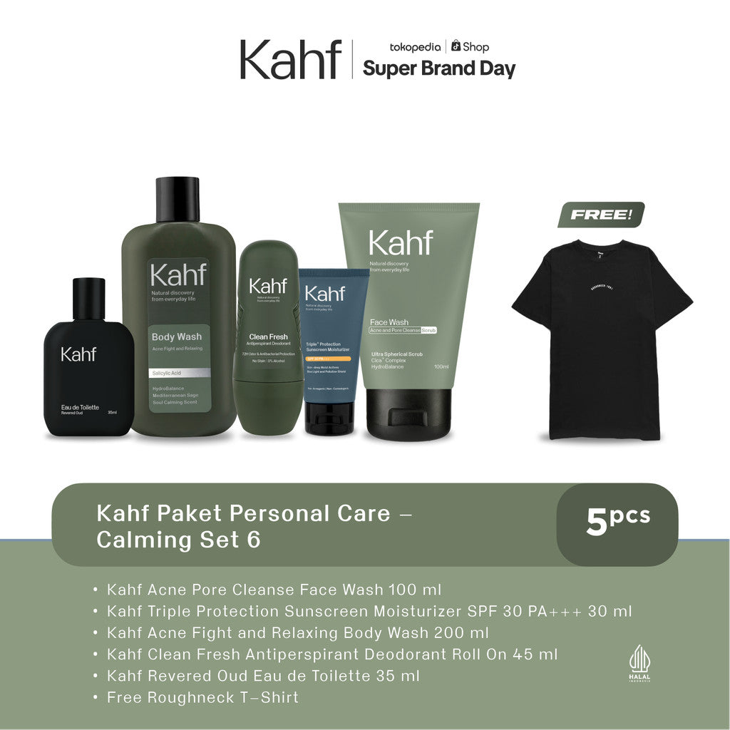 [KAHF BUNDLE 5IN1 PAKET PERAWATAN DAILY USE ESSENTIALS : WAJAH GLOWING, BADAN BERSIH, BEBAS KERINGAT, & WANGI SEHARIAN] Paket Personal Care (Face Wash + Sunscreen + Body Wash + Deodorant + Eau de Toilette) - Suitable for Daily Use