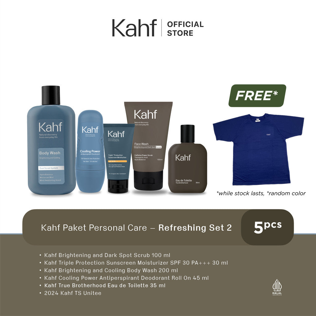 [KAHF BUNDLE 5IN1 PAKET PERAWATAN DAILY USE ESSENTIALS : WAJAH GLOWING, BADAN BERSIH, BEBAS KERINGAT, & WANGI SEHARIAN] Paket Personal Care (Face Wash + Sunscreen + Body Wash + Deodorant + Eau de Toilette) - Suitable for Daily Use
