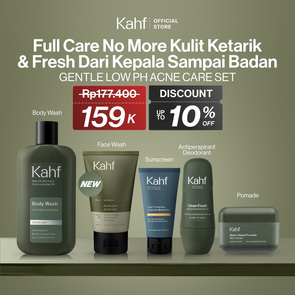 [KAHF BUNDLE 5IN1 PAKET BEBAS KUSAM : FULL CARE NO MORE KULIT KETARIK & FRESH DARI KEPALA SAMPAI BADAN] Paket Grooming (Pomade/Hair Powder + Face Wash + Sunscreen Moisturizer + Body Wash + Deodorant) - Suitable for Daily Use
