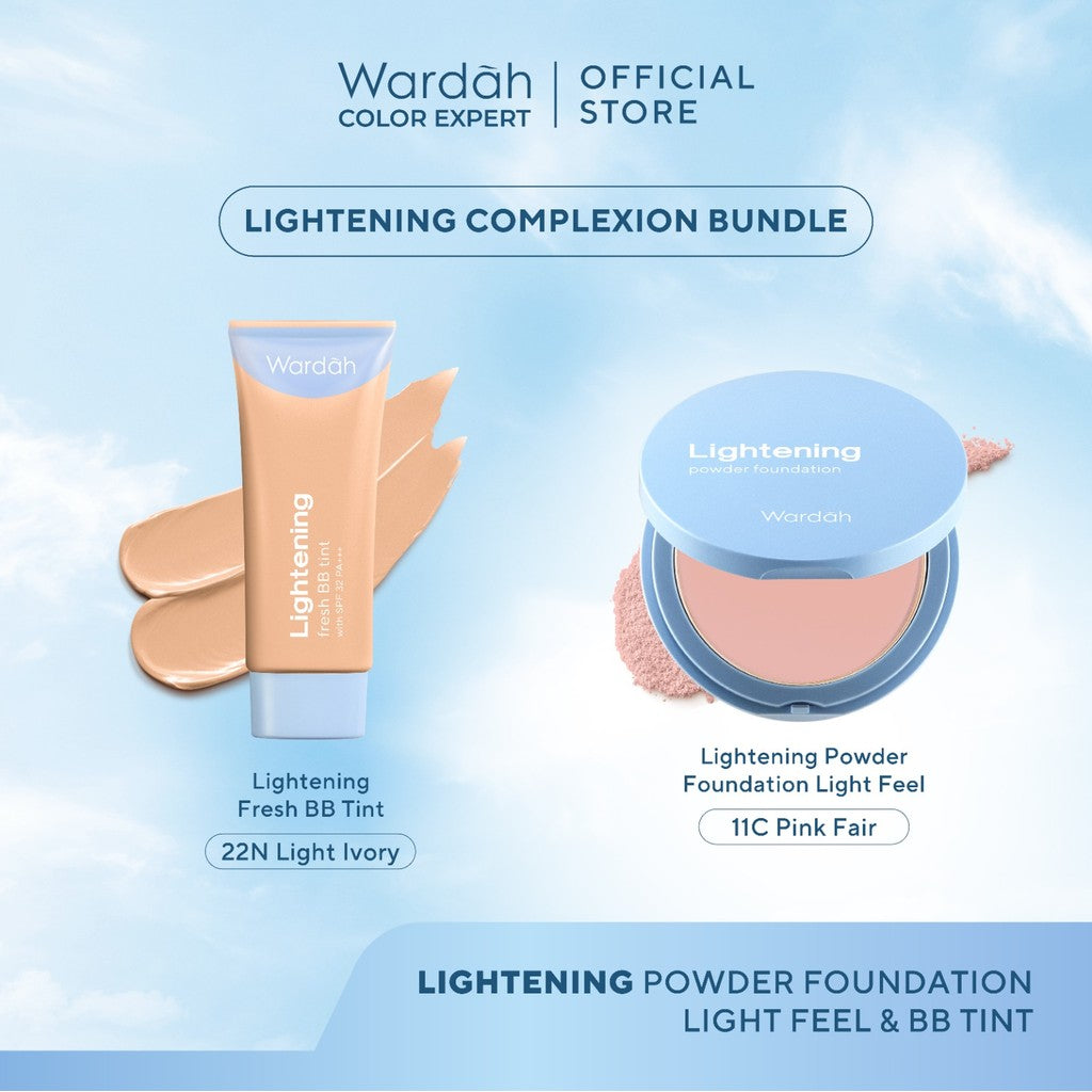 WARDAH Paket Lightening Powder Foundation Light Feel 12 g + Lightening Fresh BB Tint 30 ml - Makeup - Cocok dengan Cushion
