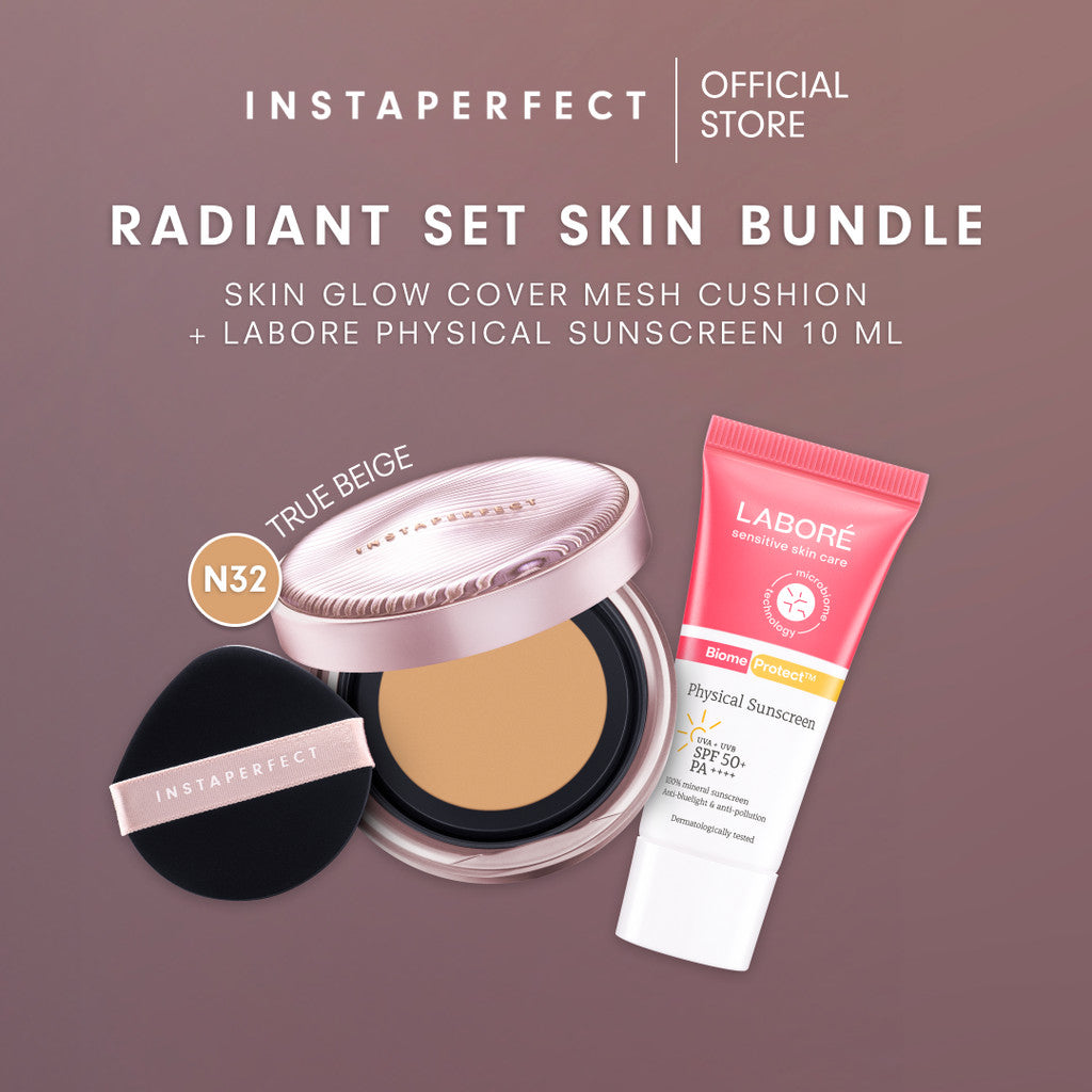 [RADIANT SET SKIN BUNDLE] Instaperfect Skin Glow Cover Mesh Cushion + Labore Physical Sunscreen SPF 50 PA++++ Travel Size 10ml - Mineral Sunscreen Wajah Non-Comedogenic- Tampilan Muka dengan High Coverage Flawless Glow- Foundation-Concealer Muka