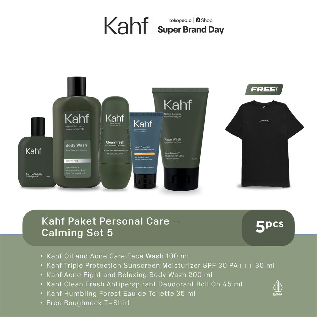 [KAHF BUNDLE 5IN1 PAKET PERAWATAN DAILY USE ESSENTIALS : WAJAH GLOWING, BADAN BERSIH, BEBAS KERINGAT, & WANGI SEHARIAN] Paket Personal Care (Face Wash + Sunscreen + Body Wash + Deodorant + Eau de Toilette) - Suitable for Daily Use