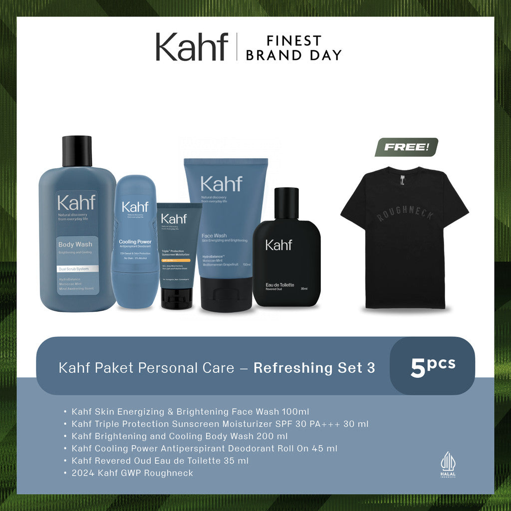 [KAHF BUNDLE 5IN1 PAKET PERAWATAN DAILY USE ESSENTIALS : WAJAH GLOWING, BADAN BERSIH, BEBAS KERINGAT, & WANGI SEHARIAN] Paket Personal Care (Face Wash + Sunscreen + Body Wash + Deodorant + Eau de Toilette) - Suitable for Daily Use