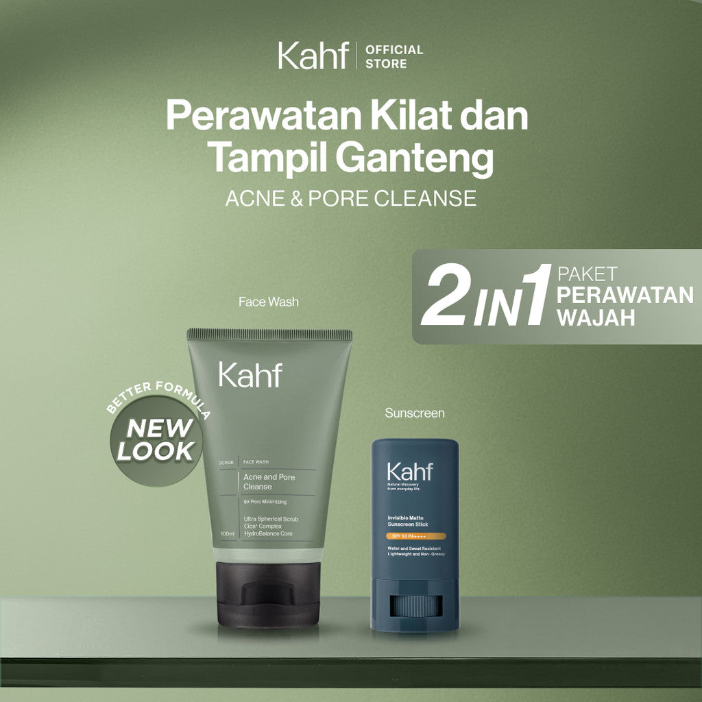 [KAHF BUNDLE 2IN1 PAKET PERAWATAN WAJAH : SKINCARE UNTUK COWOK YANG GAK PUNYA WAKTU PERAWATAN] Paket Perawatan Kilat & Tampil Ganteng (Face Wash + Sunscreen Stick) - Suitable for Daily Use