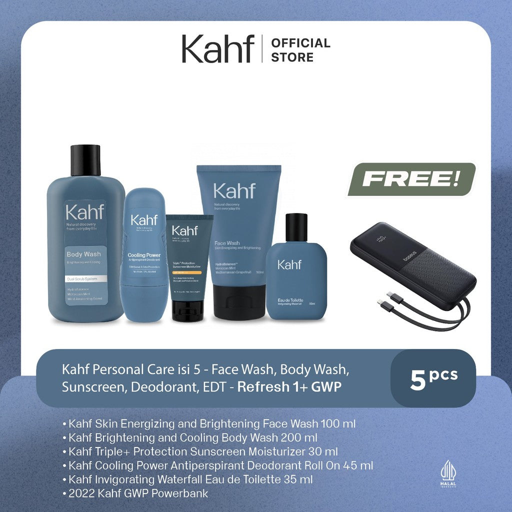 [KAHF BUNDLE 5IN1 PAKET PERAWATAN DAILY USE ESSENTIALS : WAJAH GLOWING, BADAN BERSIH, BEBAS KERINGAT, & WANGI SEHARIAN] Paket Personal Care (Face Wash + Sunscreen + Body Wash + Deodorant + Eau de Toilette) - Suitable for Daily Use