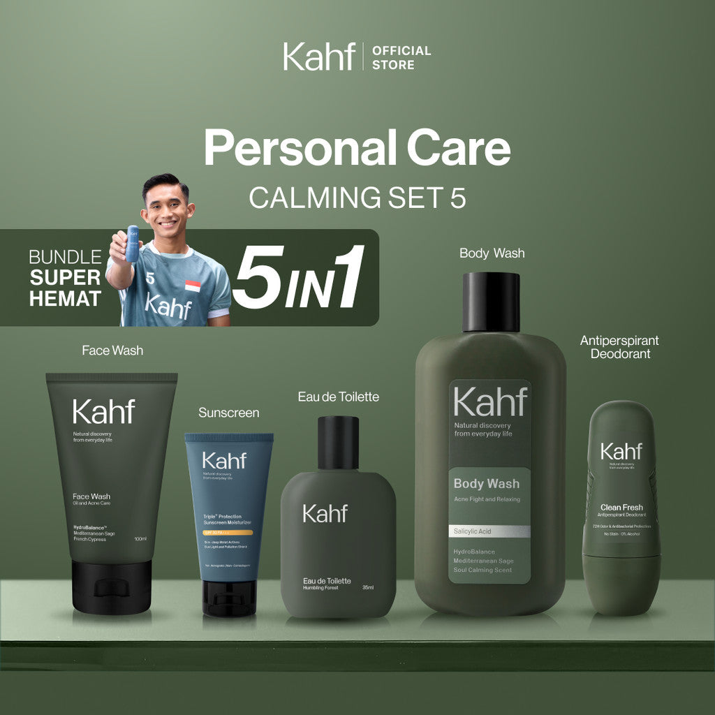 [KAHF BUNDLE 5IN1 PAKET PERAWATAN DAILY USE ESSENTIALS : WAJAH GLOWING, BADAN BERSIH, BEBAS KERINGAT, & WANGI SEHARIAN] Paket Personal Care (Face Wash + Sunscreen + Body Wash + Deodorant + Eau de Toilette) - Suitable for Daily Use