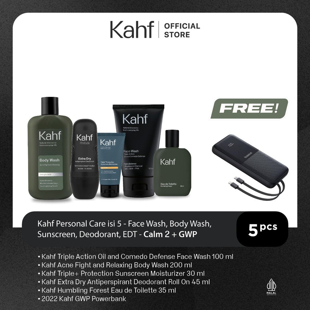 [KAHF BUNDLE 5IN1 PAKET PERAWATAN DAILY USE ESSENTIALS : WAJAH GLOWING, BADAN BERSIH, BEBAS KERINGAT, & WANGI SEHARIAN] Paket Personal Care (Face Wash + Sunscreen + Body Wash + Deodorant + Eau de Toilette) - Suitable for Daily Use