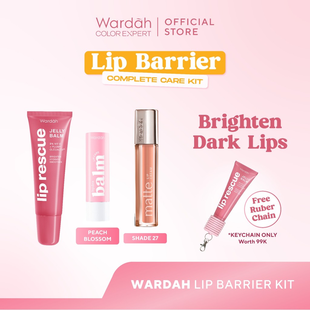 [LIMITED EDITION: 99K GET 4!] WARDAH Paket Lip Care - Hydrabalm Lip Care Peach Blossom, Lip Barrier Sunscreen SPF 30 PA+++, Lip Rescue Jelly Balm Dusty Rose FREE Rubber Keychain + BOX - Bundle Hadiah - Bundle Gifting - Bundle Self Care - Makeup