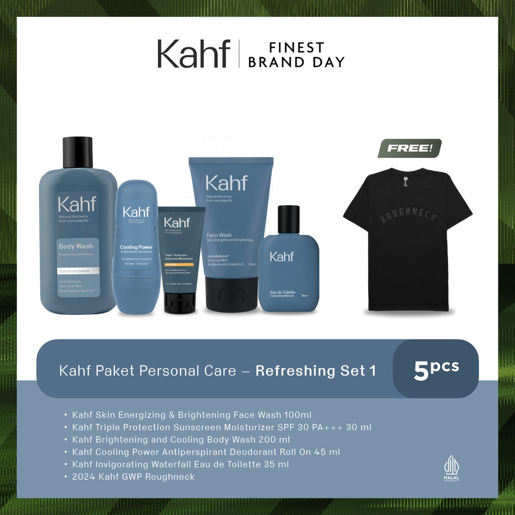 [KAHF BUNDLE 5IN1 PAKET PERAWATAN DAILY USE ESSENTIALS : WAJAH GLOWING, BADAN BERSIH, BEBAS KERINGAT, & WANGI SEHARIAN] Paket Personal Care (Face Wash + Sunscreen + Body Wash + Deodorant + Eau de Toilette) - Suitable for Daily Use