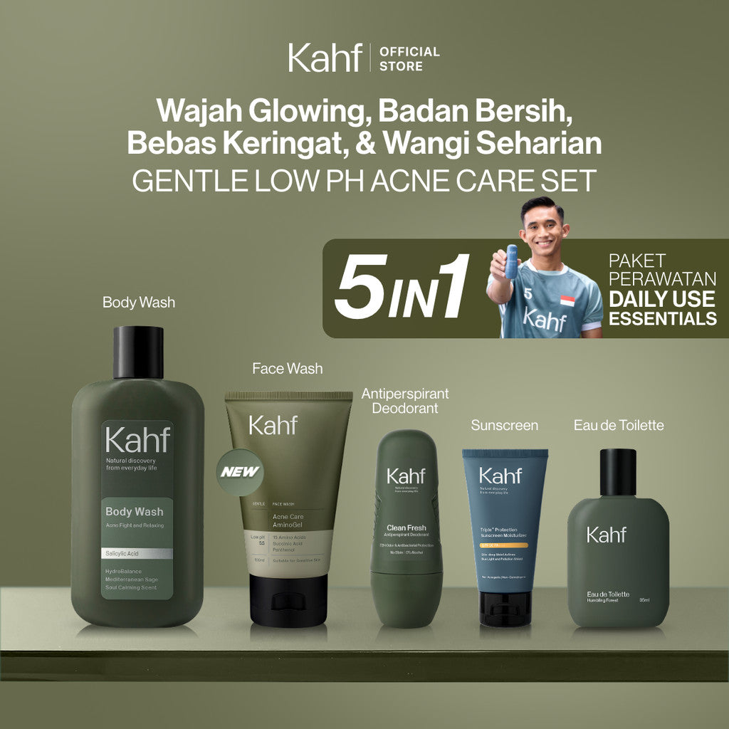 [KAHF BUNDLE 5IN1 PAKET PERAWATAN DAILY USE ESSENTIALS : WAJAH GLOWING, BADAN BERSIH, BEBAS KERINGAT, & WANGI SEHARIAN] Paket Personal Care (Face Wash + Sunscreen + Body Wash + Deodorant + Eau de Toilette) - Suitable for Daily Use