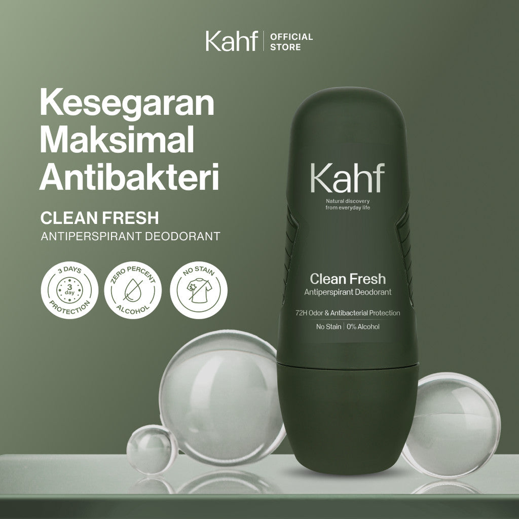 Kahf Clean Fresh Antiperspirant Deodorant Roll On 45 ml - Deodoran Pria Memberikan Perlindungan Ekstra Antibakteri, Kering Sepanjang Hari - Deo Anti Iritasi, Bebas Bau, Tahan Keringat, Wangi Seharian - Suitable for Daily Use