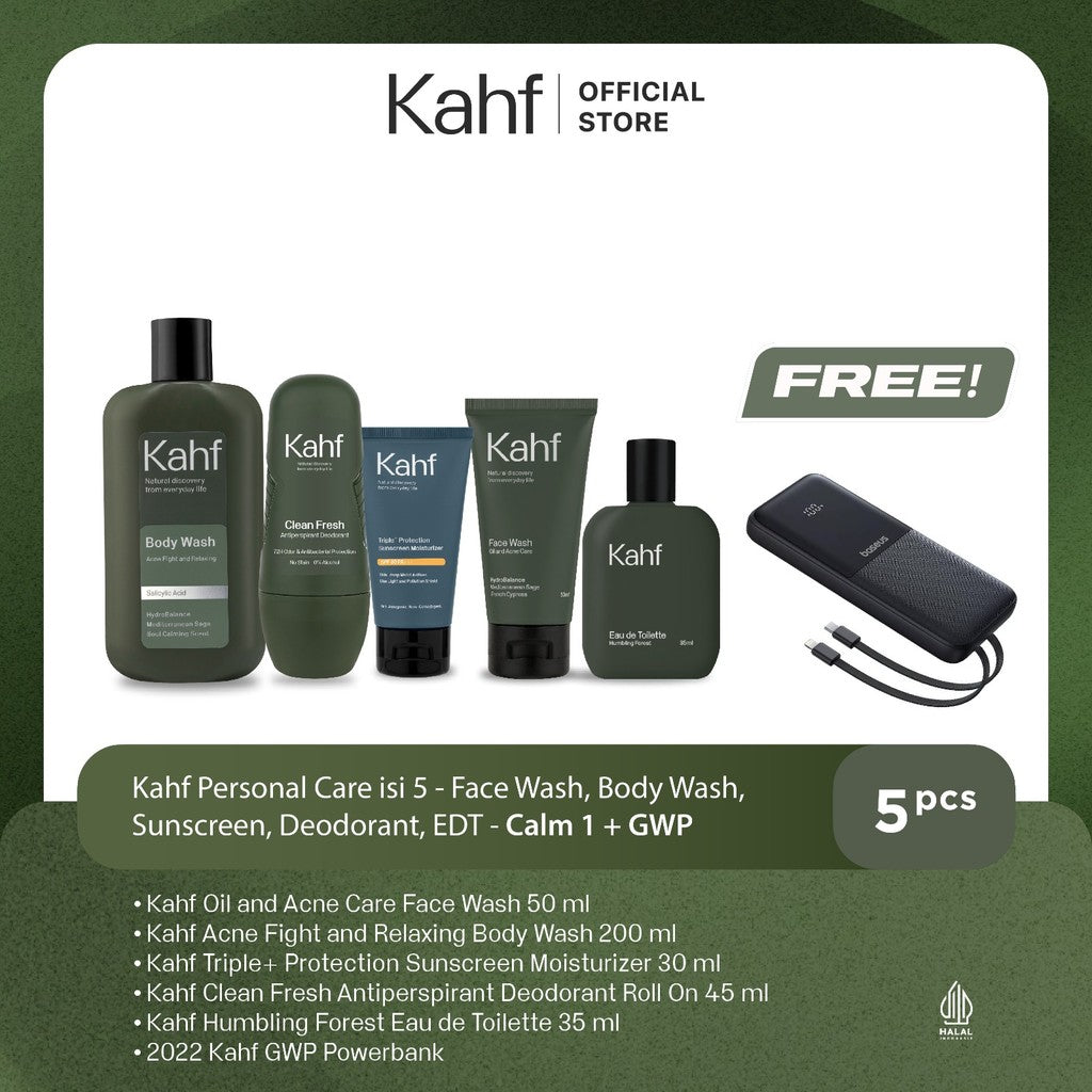 [KAHF BUNDLE 5IN1 PAKET PERAWATAN DAILY USE ESSENTIALS : WAJAH GLOWING, BADAN BERSIH, BEBAS KERINGAT, & WANGI SEHARIAN] Paket Personal Care (Face Wash + Sunscreen + Body Wash + Deodorant + Eau de Toilette) - Suitable for Daily Use