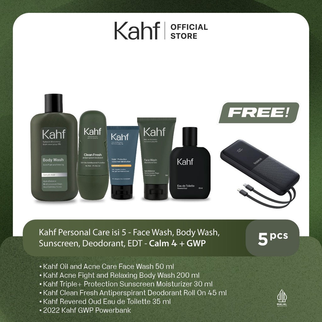 [KAHF BUNDLE 5IN1 PAKET PERAWATAN DAILY USE ESSENTIALS : WAJAH GLOWING, BADAN BERSIH, BEBAS KERINGAT, & WANGI SEHARIAN] Paket Personal Care (Face Wash + Sunscreen + Body Wash + Deodorant + Eau de Toilette) - Suitable for Daily Use