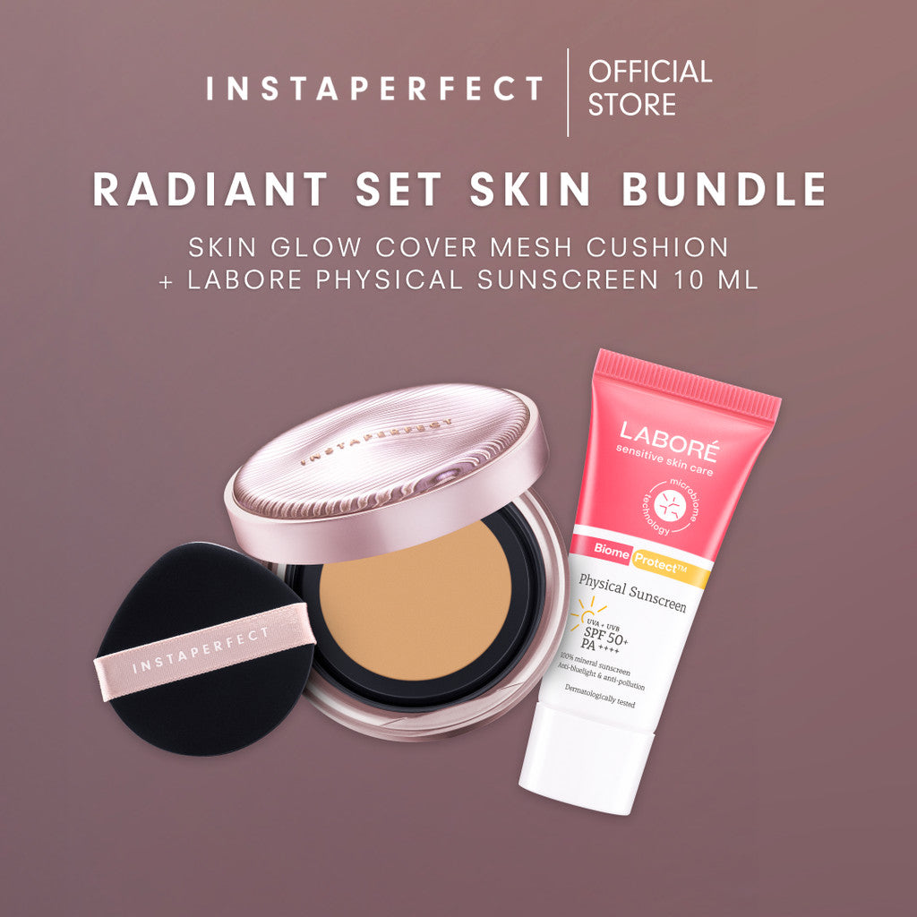 [RADIANT SET SKIN BUNDLE] Instaperfect Skin Glow Cover Mesh Cushion + Labore Physical Sunscreen SPF 50 PA++++ Travel Size 10ml - Mineral Sunscreen Wajah Non-Comedogenic- Tampilan Muka dengan High Coverage Flawless Glow- Foundation-Concealer Muka