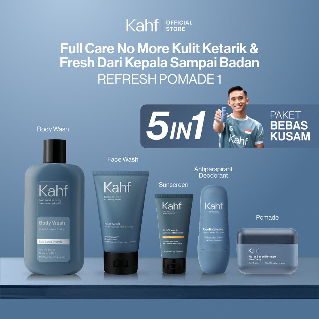 [KAHF BUNDLE 5IN1 PAKET BEBAS KUSAM : FULL CARE NO MORE KULIT KETARIK & FRESH DARI KEPALA SAMPAI BADAN] Paket Grooming (Pomade/Hair Powder + Face Wash + Sunscreen Moisturizer + Body Wash + Deodorant) - Suitable for Daily Use
