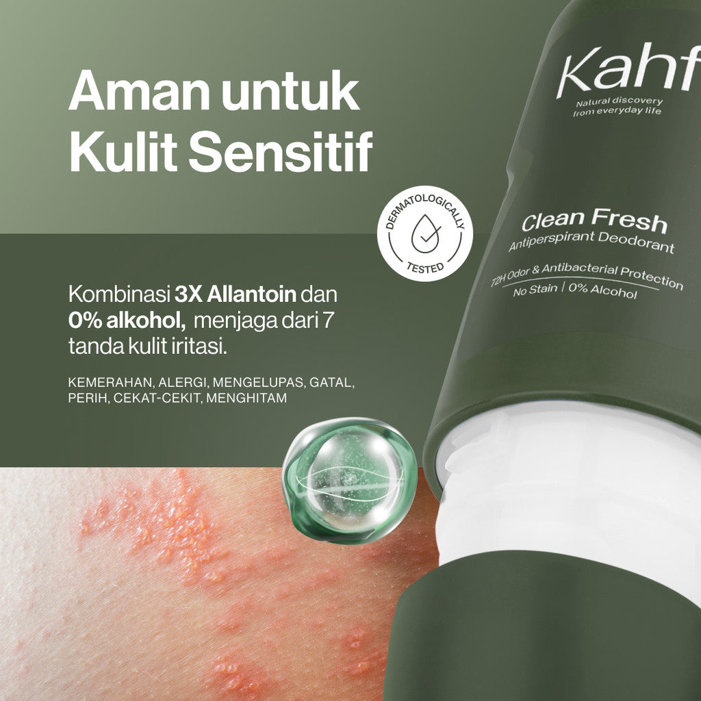 Kahf Clean Fresh Antiperspirant Deodorant Roll On 45 ml - Deodoran Pria Memberikan Perlindungan Ekstra Antibakteri, Kering Sepanjang Hari - Deo Anti Iritasi, Bebas Bau, Tahan Keringat, Wangi Seharian - Suitable for Daily Use
