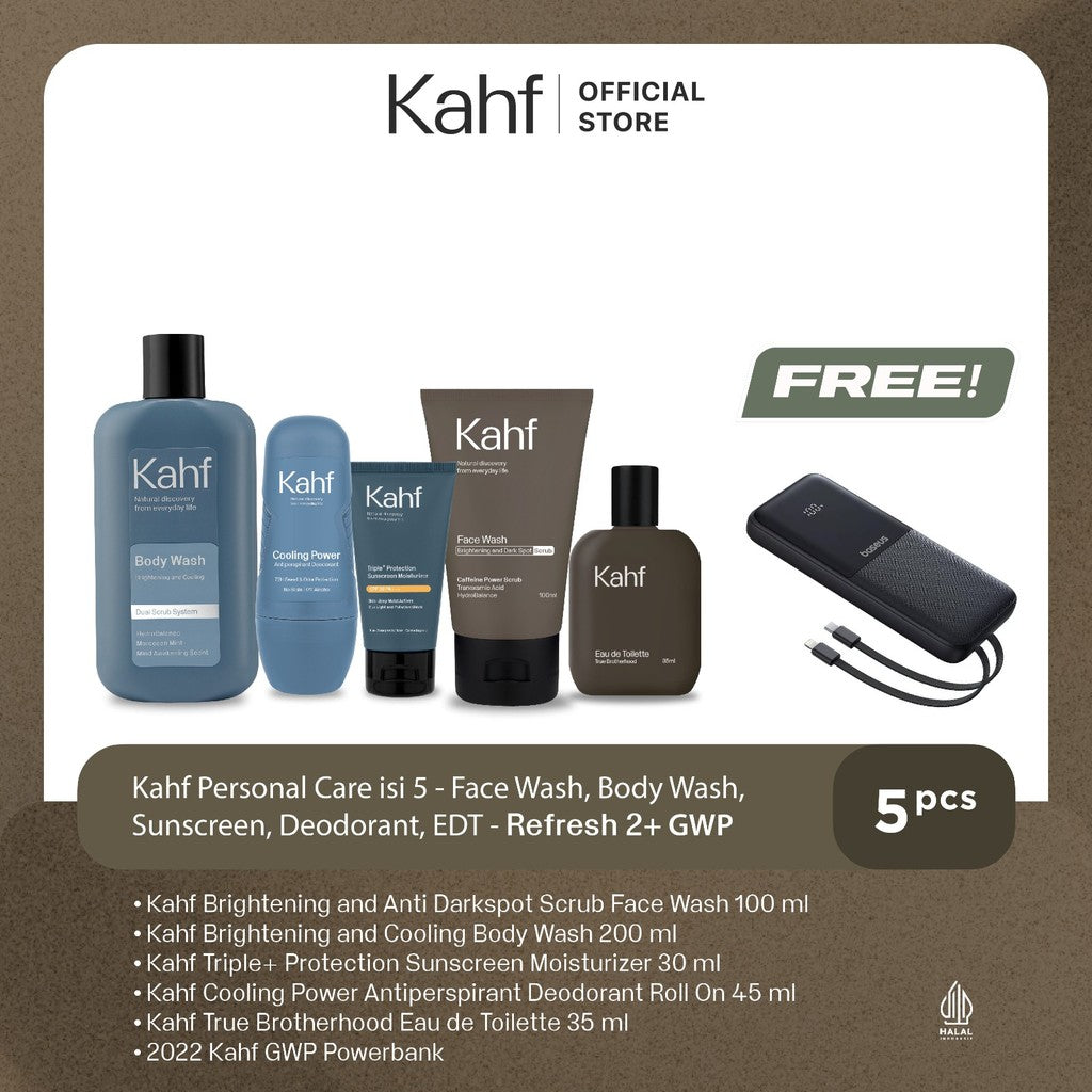 [KAHF BUNDLE 5IN1 PAKET PERAWATAN DAILY USE ESSENTIALS : WAJAH GLOWING, BADAN BERSIH, BEBAS KERINGAT, & WANGI SEHARIAN] Paket Personal Care (Face Wash + Sunscreen + Body Wash + Deodorant + Eau de Toilette) - Suitable for Daily Use
