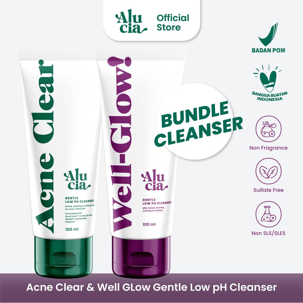 [BUNDLE ACNE & GLOW] ALUCIA Well-Glow! and Acne Clear Gentle Low pH Cleanser with 1% Salicylic Acid Facial Face Wash Sabun Cuci Muka Acne Prone Skin Normal Sensitive Skin Low pH 5.0 - 5.5 by Alucia Official