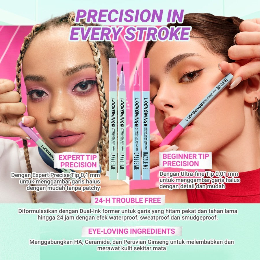 DAZZLE ME Lock&Pop Volumax-ing Longlash-ting Mascara | Duo Eyeliner Series Hyper Stay and Hyper Slim | Eyebrow Pencil Series Pensil Alis Tahan Lama