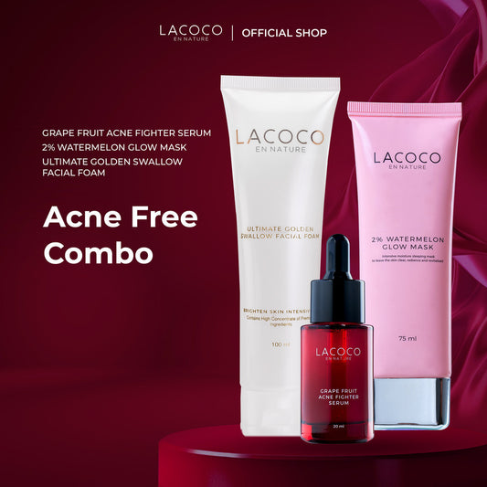 Lacoco Acne Free Combo (Watermelon Glow Mask, Grape Fruit Acne Fighter Serum, Ultimate Golden Swallow)