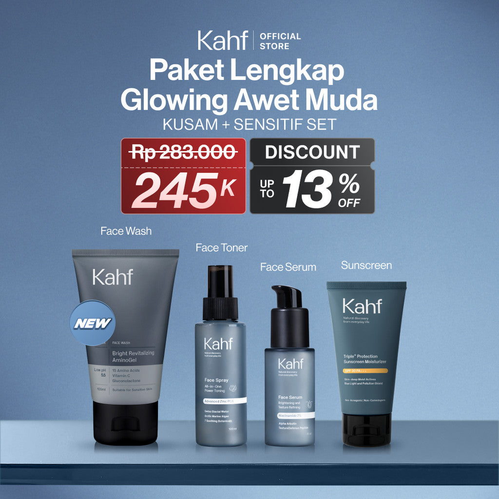 [SPECIAL KAHF DECODE : PAKET PERAWATAN KULIT KERING SENSITIF] Paket Lengkap Glowing Awet Muda (Face Wash + Toner + Serum + Sunscreen) - 4in1 Bundle untuk Melembabkan, Mencerahkan, & Mencegah Penuaan Dini - Suitable for Daily Use