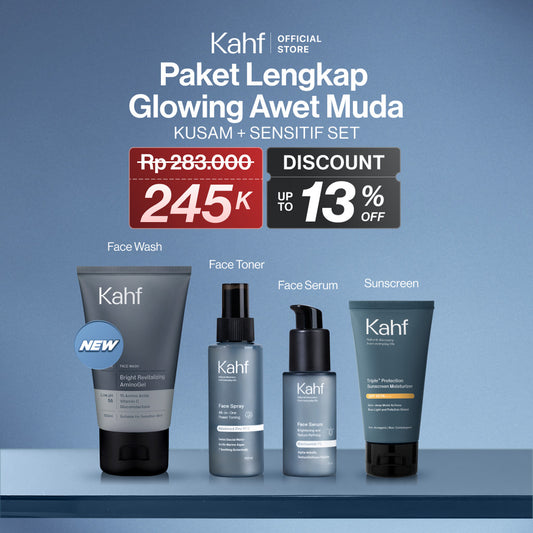 [SPECIAL KAHF DECODE : PAKET PERAWATAN KULIT KERING SENSITIF] Paket Lengkap Glowing Awet Muda (Face Wash + Toner + Serum + Sunscreen) - 4in1 Bundle untuk Melembabkan, Mencerahkan, & Mencegah Penuaan Dini - Suitable for Daily Use