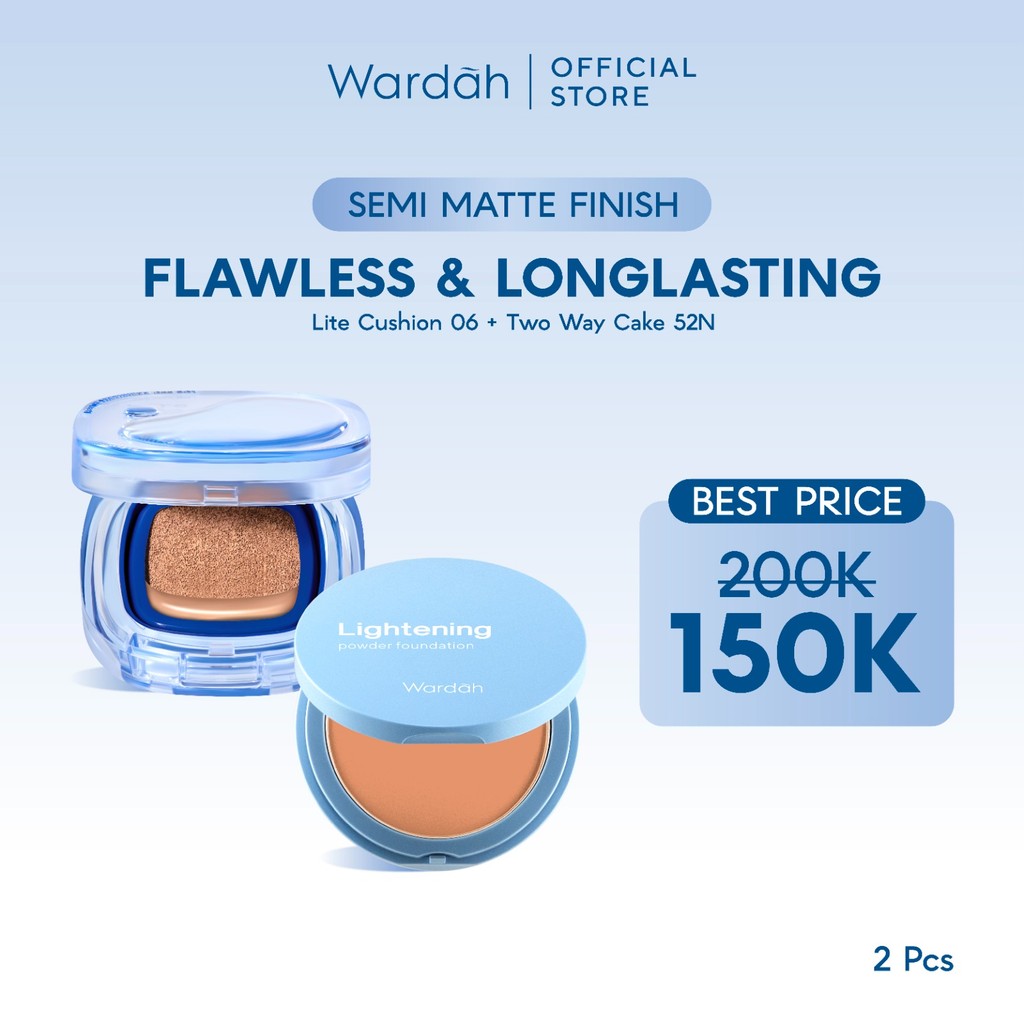 WARDAH Paket Make Up Tahan Seharian & Semi Matte Finish | Noda Tertutup Seharian, Anti Longsor, Medium Coverage, Flawless, Long Lasting | Light+ Lite Skin Filter Cushion + Lightening Powder Foundation | Light Plus Lightplus Two Way Cake TWC Bundle Makeup