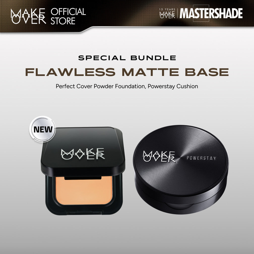 MAKE OVER Flawless Matte Base Bundle: NEW! Perfect Cover Powder Foundation Full Size + Powerstay Sync Matte Cushion - Paket Lengkap Cushion Smart AI Matte High Coverage dan Bedak Hasil Tahan Lama