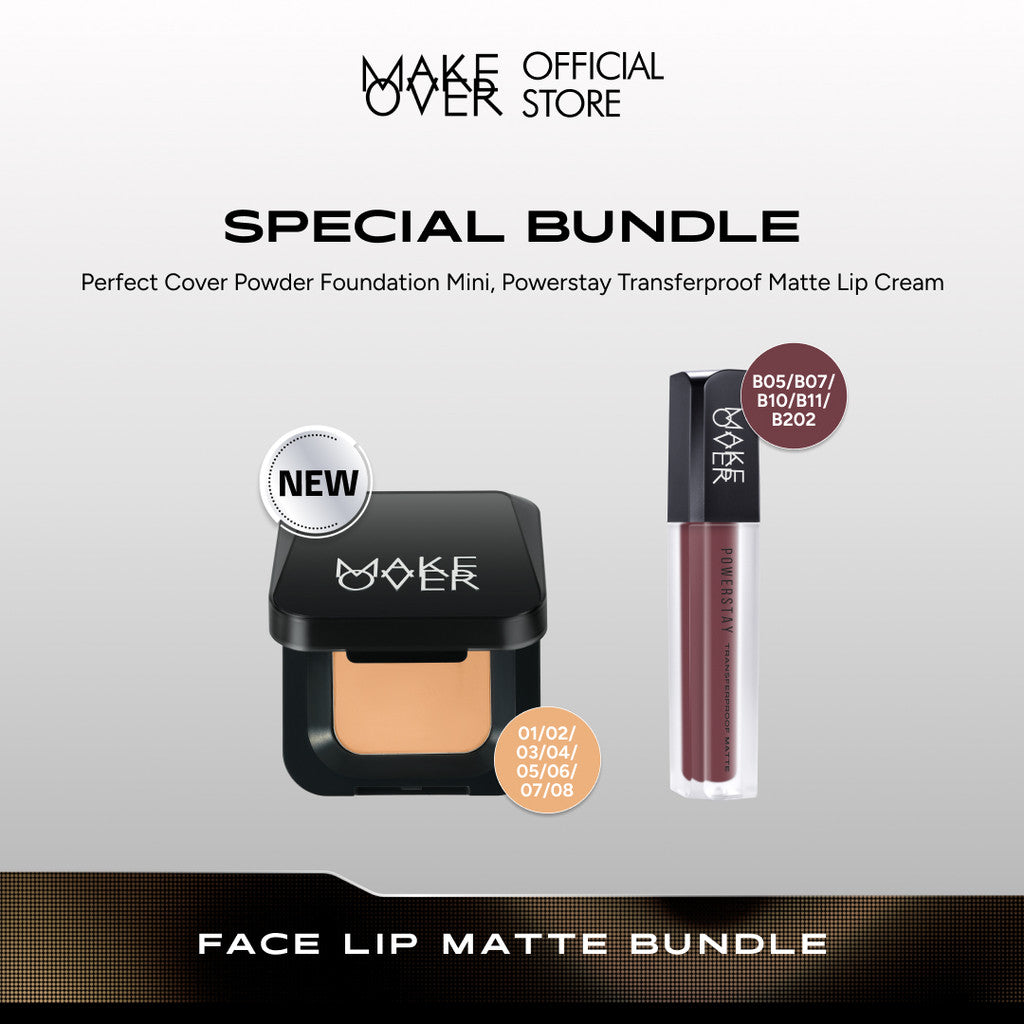 MAKE OVER Face Lip Matte Bundle: NEW! Perfect Cover Powder Foundation Mini + Transferproof Matte Lip Cream  - Paket Lengkap Lips Matte dan Bedak Anti Crack Flawless Lipstick Lip Cream Pigmented