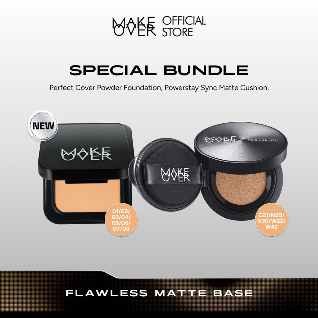 MAKE OVER Flawless Matte Base Bundle: NEW! Perfect Cover Powder Foundation Full Size + Powerstay Sync Matte Cushion - Paket Lengkap Cushion Smart AI Matte High Coverage dan Bedak Hasil Tahan Lama