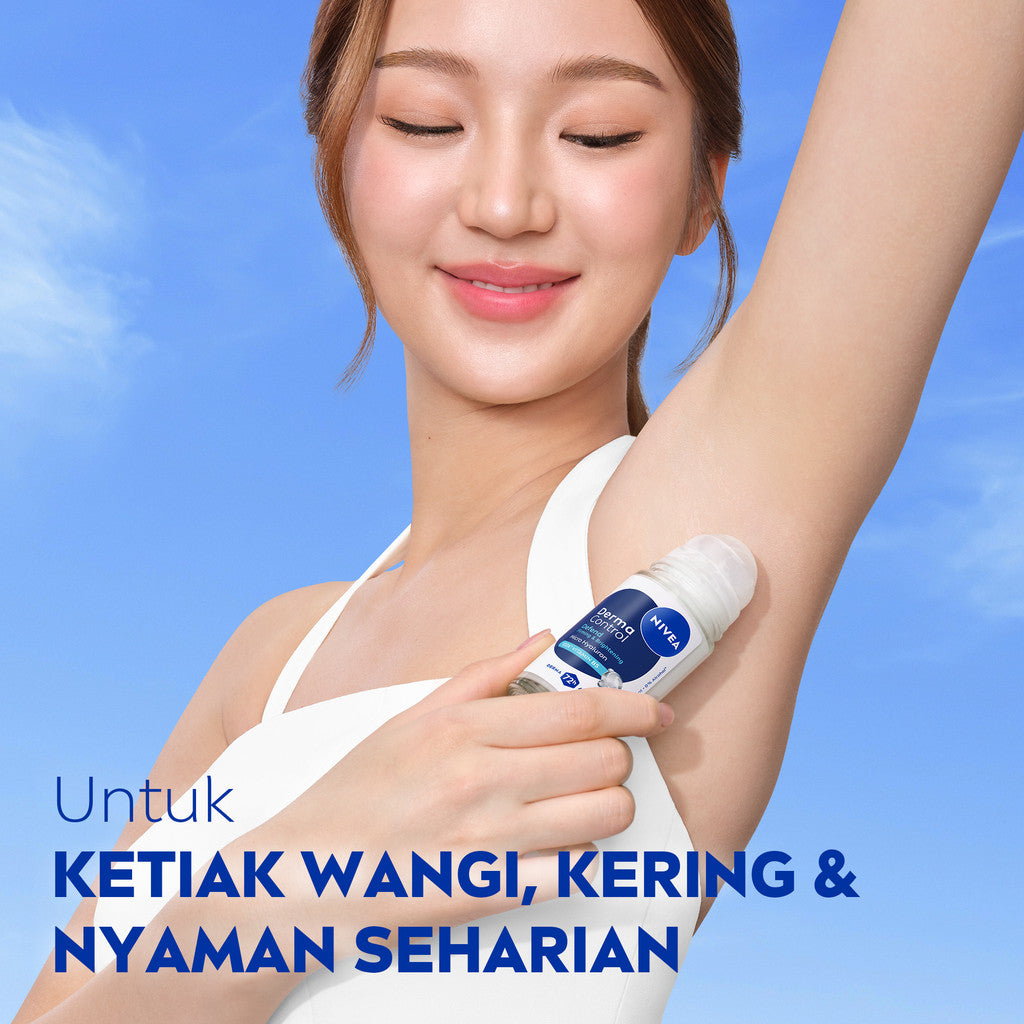 NIVEA Deodorant Roll On Derma Control Defend 50ml - Deodoran wanita skin barrier kulit ketiak sensitif perlindungan anti keringat berlebih bau badan penggunaan harian dermatologis tidak lengket - Hyaluron, Vitamin B5, Antiperspiran, 0% Alkohol, Halal