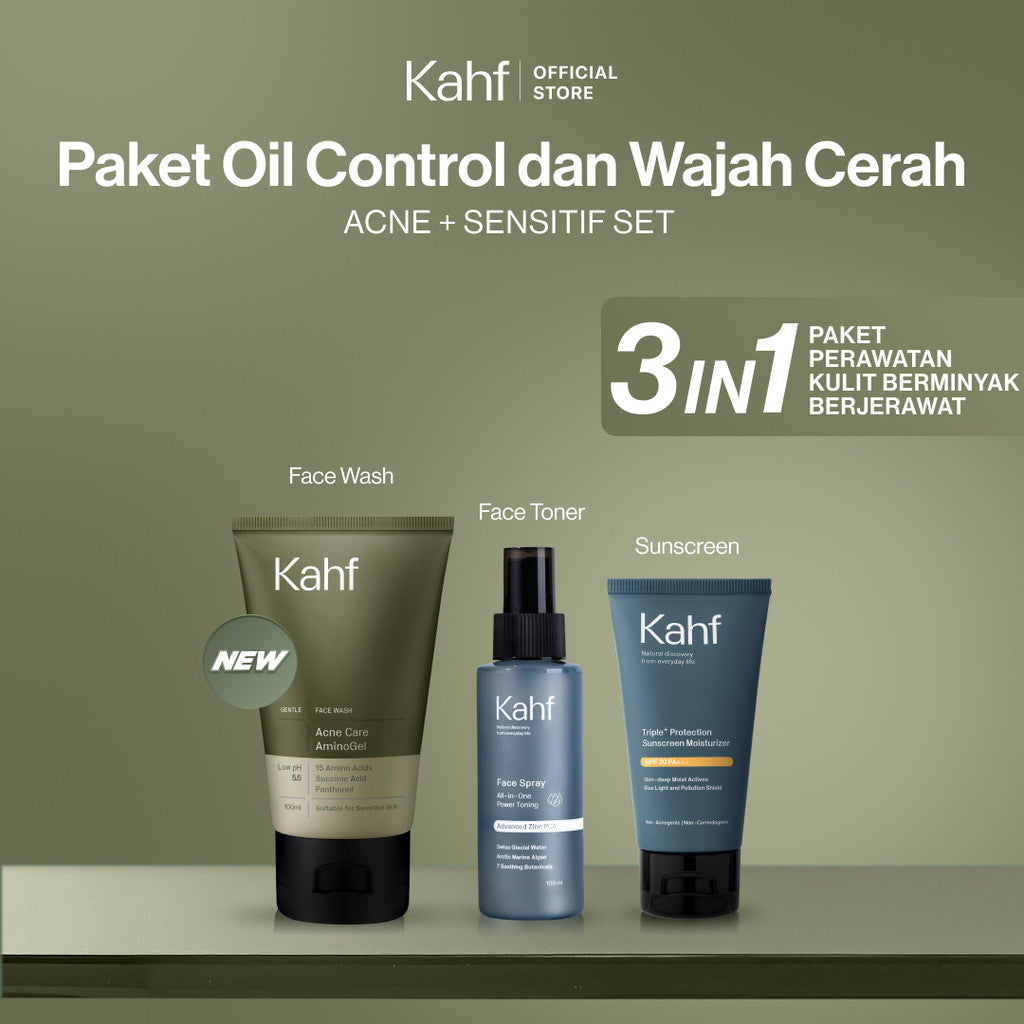 [SPECIAL KAHF DECODE : PAKET PERAWATAN KULIT BERMINYAK BERJERAWAT] Paket Oil Control & Cerah (Face Wash + Toner + Sunscreen) - 3in1 Bundle untuk Membantu Kontrol Minyak, Mencerahkan Wajah, dan Mencegah Flek Hitam - Suitable for Daily Use