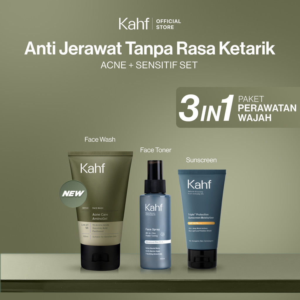[KAHF BUNDLE 3IN1 PAKET PERAWATAN WAJAH : SKINCARE UNTUK KULIT BERJERAWAT & BERMINYAK] Paket Anti Jerawat Tanpa Rasa Ketarik (Face Wash + Toner + Sunscreen) - Suitable for Daily Use