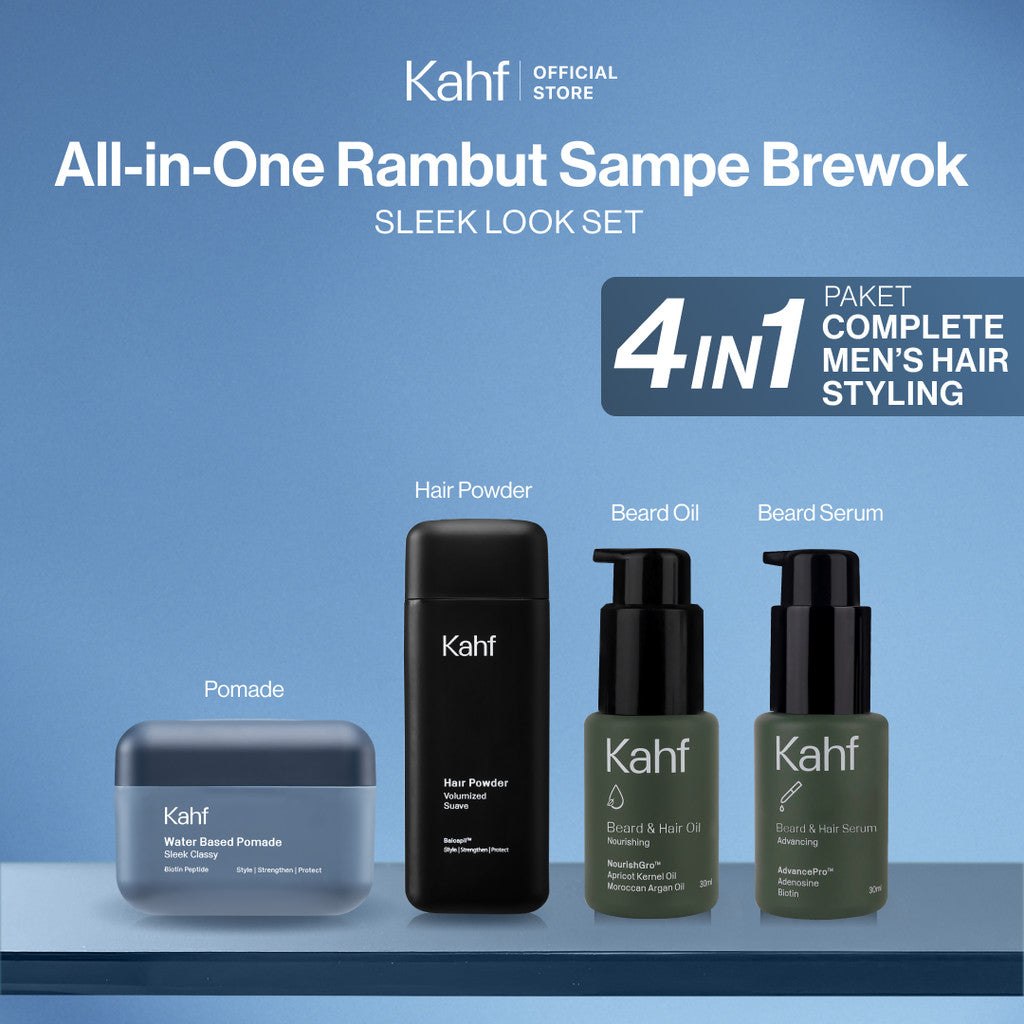 [SPECIAL KAHF DECODE : PAKET LENGKAP ALL-IN-ONE RAMBUT SAMPE BREWOK] Paket Complete Men’s Hair Styling (Pomade + Hair Powder + Beard Serum + Beard Oil) - 4in1 Bundle Solusi Styling dari Rambut sampai Janggut - Approved by Barber & Suitable for Daily Use