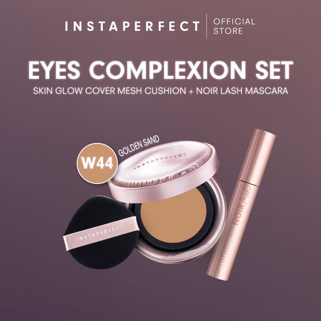 Instaperfect Eyes complexion set -  real skin high coverage complexion, healthy glow, blurring, bulu mata "jigrak", Instant lashlift (Skin glow mesh cushion + Noir lash mascara)