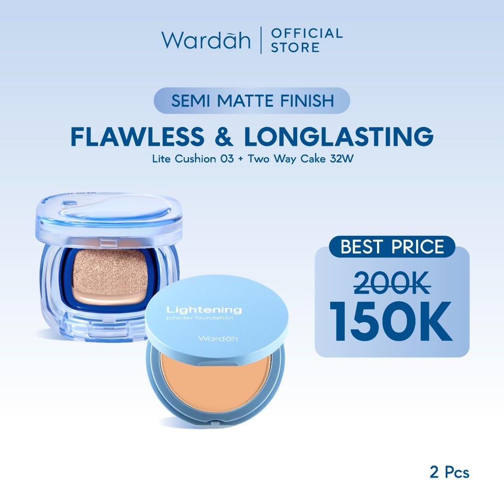 WARDAH Paket Make Up Tahan Seharian & Semi Matte Finish | Noda Tertutup Seharian, Anti Longsor, Medium Coverage, Flawless, Long Lasting | Light+ Lite Skin Filter Cushion + Lightening Powder Foundation | Light Plus Lightplus Two Way Cake TWC Bundle Makeup