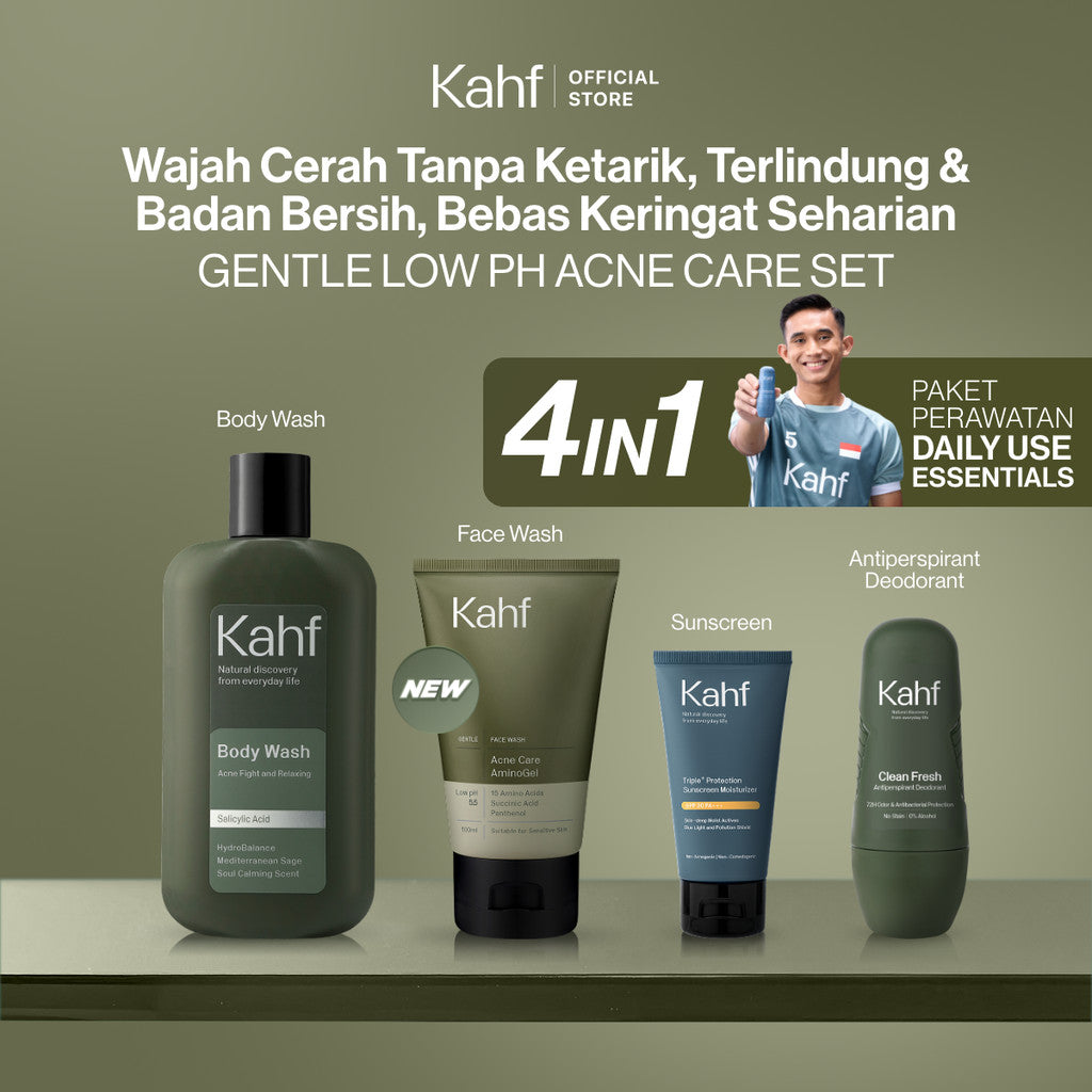[PAKET CHAMPION RACING CARE - KAHF BUNDLE 4IN1 PAKET PERAWATAN DAILY USE ESSENTIALS : WAJAH CERAH & BADAN ANTI BAU] Paket Personal Care (Face Wash + Sunscreen Moisturizer + Body Wash + Deodorant) - Suitable for Daily Use