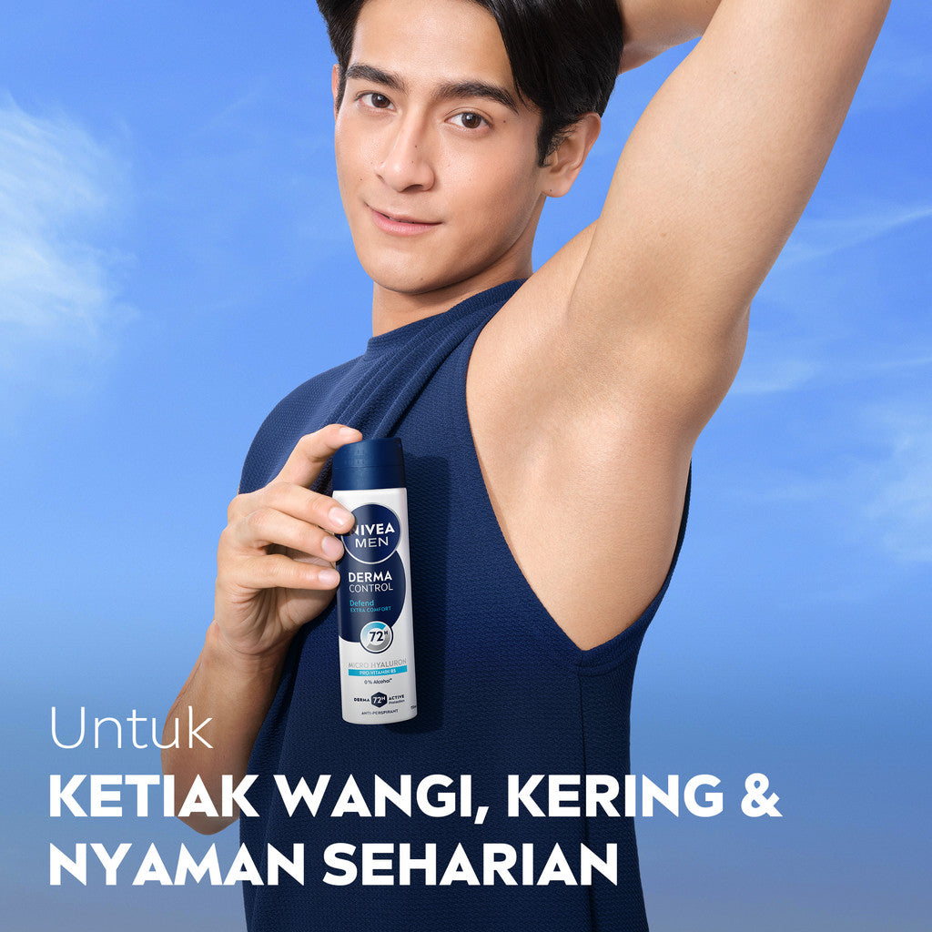 NIVEA MEN Deodorant Spray Derma Control Defend 150ml - Deodoran semprot pria skin barrier kulit ketiak sensitif anti keringat berlebih bau badan penggunaan harian dermatologis tidak lengket - Hyaluron, Vitamin B5, Antiperspiran, 0% Alkohol, Halal