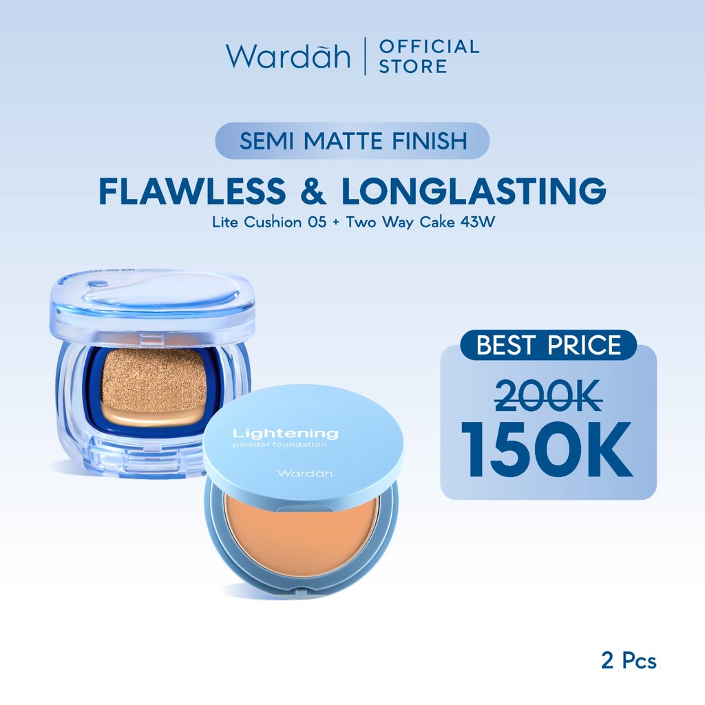WARDAH Paket Make Up Tahan Seharian & Semi Matte Finish | Noda Tertutup Seharian, Anti Longsor, Medium Coverage, Flawless, Long Lasting | Light+ Lite Skin Filter Cushion + Lightening Powder Foundation | Light Plus Lightplus Two Way Cake TWC Bundle Makeup