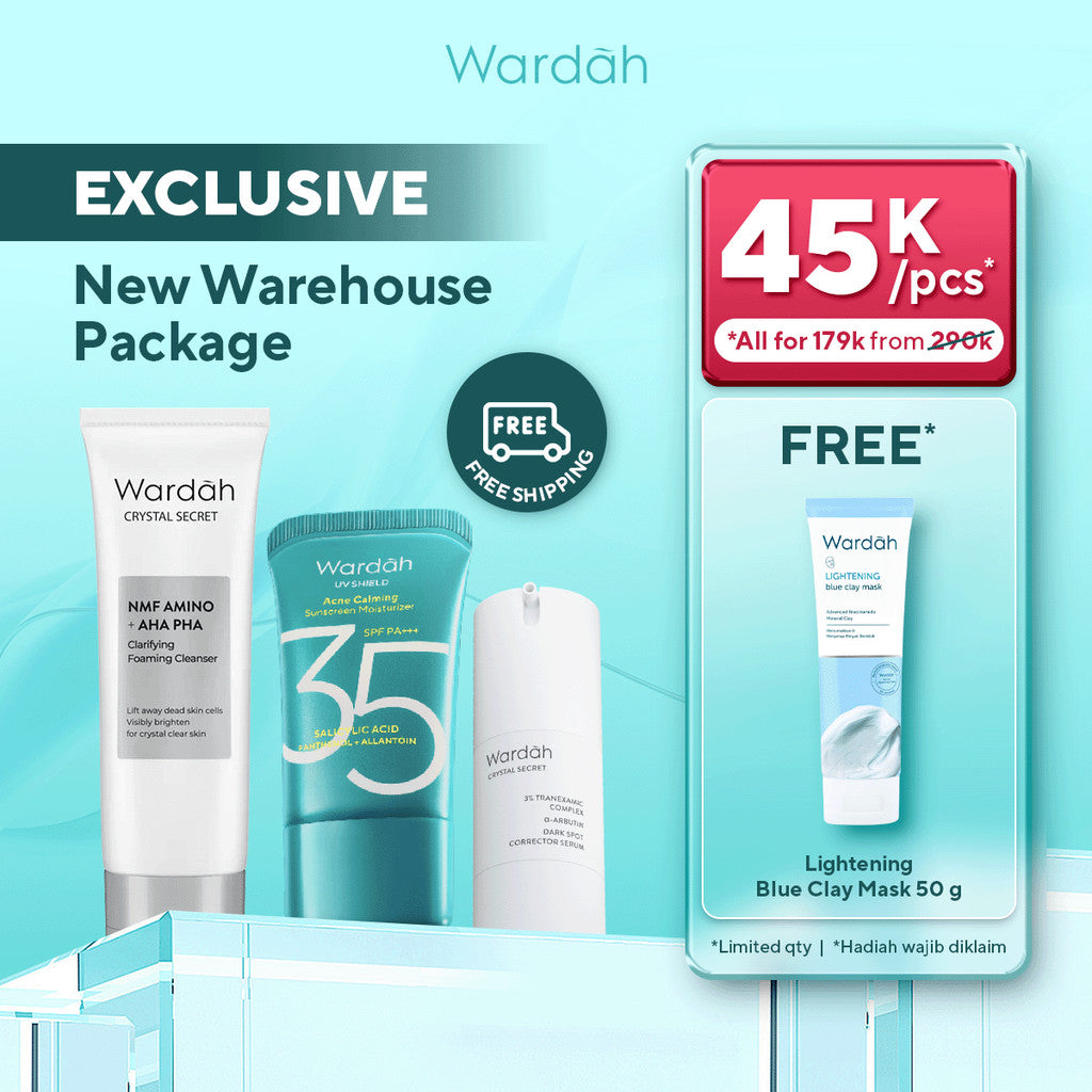 [EXCLUSIVE PACKAGE NEW WAREHOUSE FREE CLAY MASK!] Wardah Paket Skincare - UV Shield Acne Calming Sunscreen SPF 35 PA+++, Crystal Secret NMF Amino + AHA PHA Clarifying Foaming Cleanser 100 ml, Crystal Secret Dark Spot Brightening Serum 20 ml - Skincare