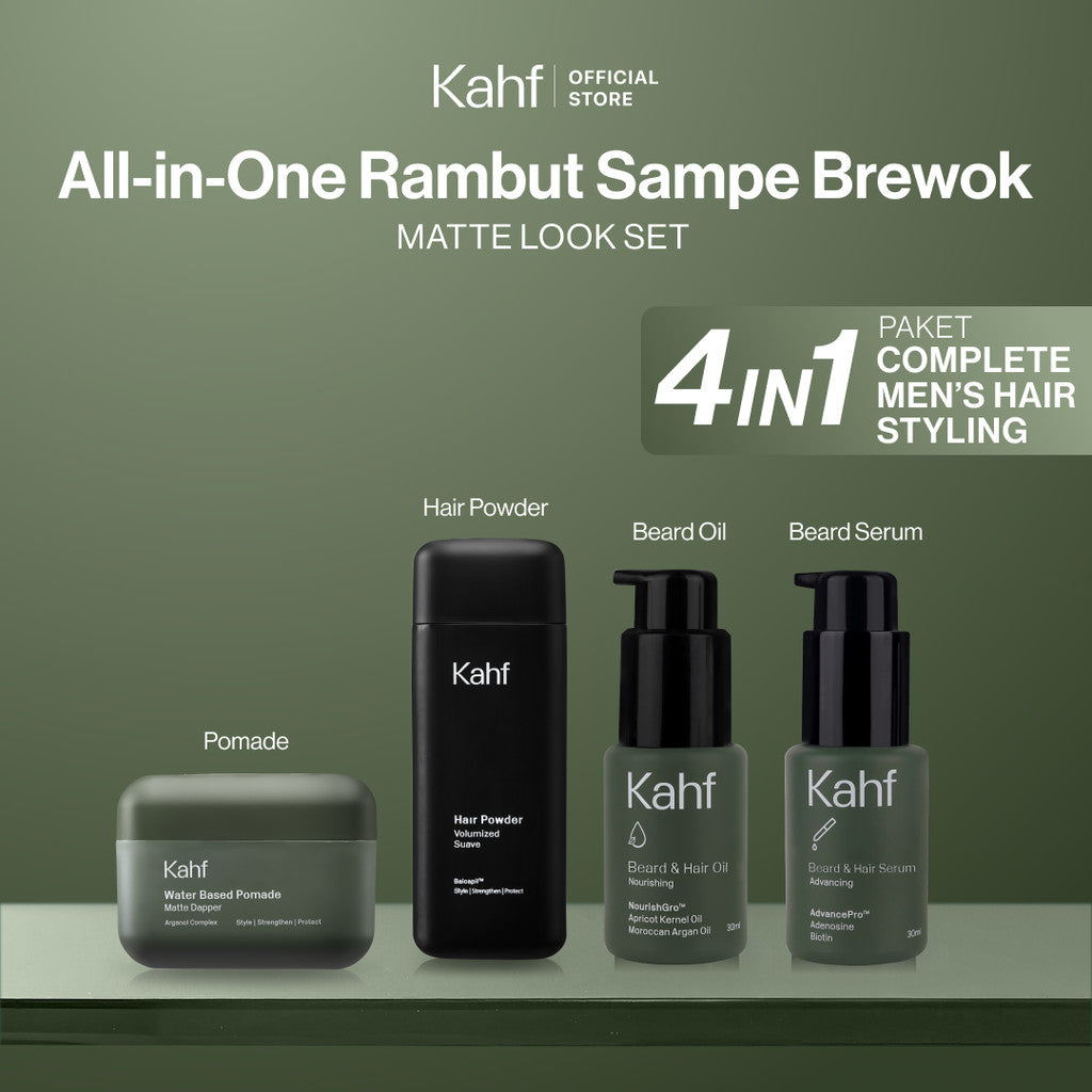 [SPECIAL KAHF DECODE : PAKET LENGKAP ALL-IN-ONE RAMBUT SAMPE BREWOK] Paket Complete Men’s Hair Styling (Pomade + Hair Powder + Beard Serum + Beard Oil) - 4in1 Bundle Solusi Styling dari Rambut sampai Janggut - Approved by Barber & Suitable for Daily Use