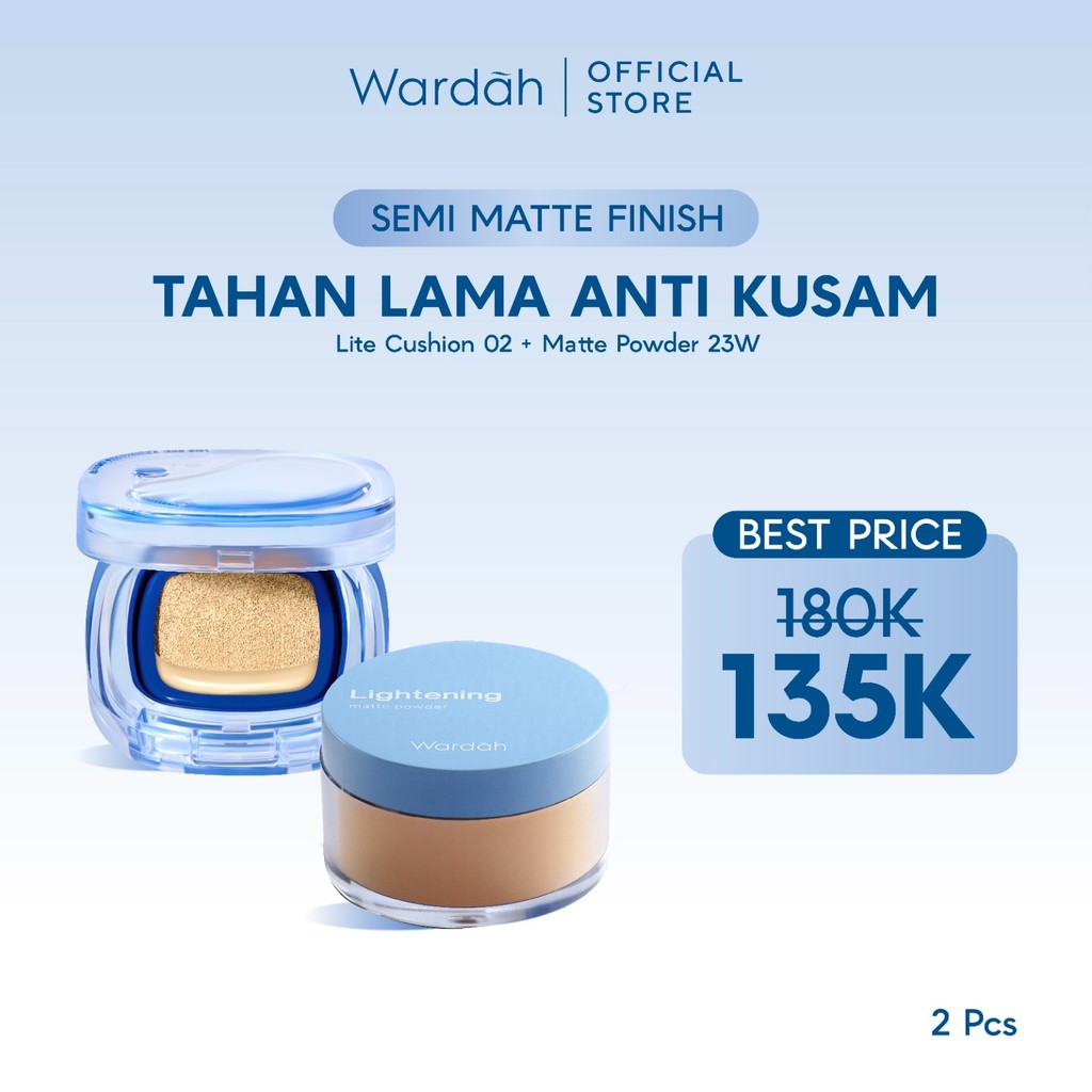 WARDAH Paket Make Up Flawless Bebas Kilap | Tahan Lama & Anti Kusam | Light+ Lite Skin Filter Cushion + Lightening Matte Powder | Light Plus Lightplus Bedak Tabur Loose Powder Bundle Makeup