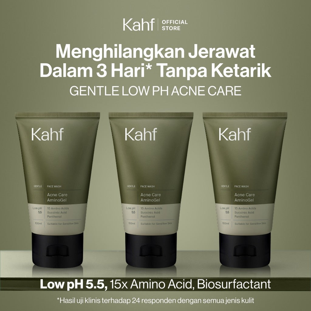 [NEW! BEBAS JERAWAT TANPA RASA KETARIK] Kahf Acne Care Amino Gel Face Wash 100 ml – Sabun Cuci Muka Pria Kulit Sensitif & Berjerawat dengan Hypochlorous Acid, Panthenol, Succinic Acid, Glycerin – Gentle Cleanser Low pH untuk Daily Use