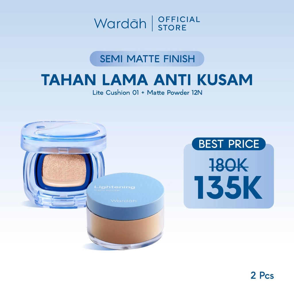 WARDAH Paket Make Up Flawless Bebas Kilap | Tahan Lama & Anti Kusam | Light+ Lite Skin Filter Cushion + Lightening Matte Powder | Light Plus Lightplus Bedak Tabur Loose Powder Bundle Makeup