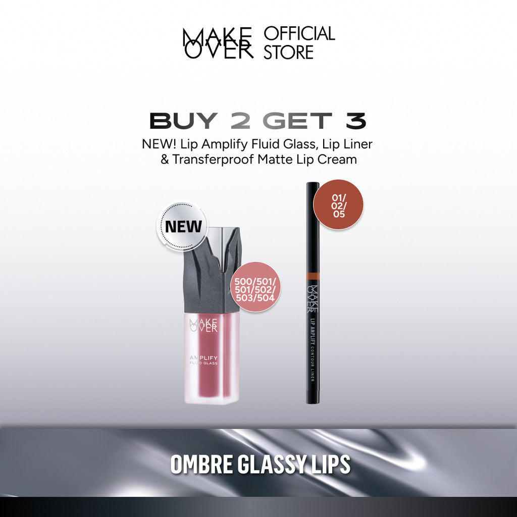 [EXCLUSIVE BUNDLE| B2G3] MAKE OVER Ombre Glassy Lips Bundle: NEW! Amplify Glass Fluid + Lip Amplify Contour Liner FREE Transferproof Matte Lip Cream - Paket Ombre Lengkap Lip Liner dan Lip Gloss Lembab Longlasting Lipstik