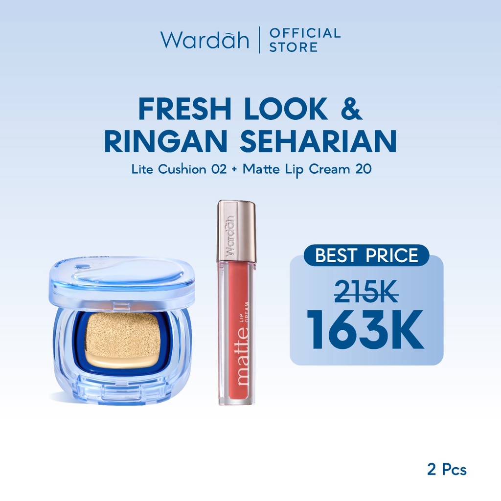 WARDAH Paket Make Up Ringan Sepanjang Hari | Fresh Look, Flawless, Tahan Lama | Light+ Lite Skin Filter Cushion + Best Seller Lip | Glasting, Matte Lip Cream, Airbrush Lip Tint, Glossicle Peptide Balm, Moist Dew Tint | Light Plus Lightplus Bundle Makeup