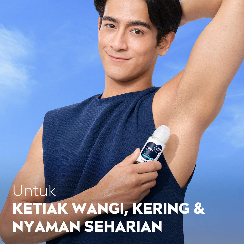 NIVEA MEN Deodorant Roll On Derma Control Defend 50ml - Deodoran pria skin barrier kulit ketiak sensitif melindungi anti keringat berlebih bau badan penggunaan harian dermatologis tidak lengket - Hyaluron, Vitamin B5, Antiperspiran, 0% Alkohol, Halal