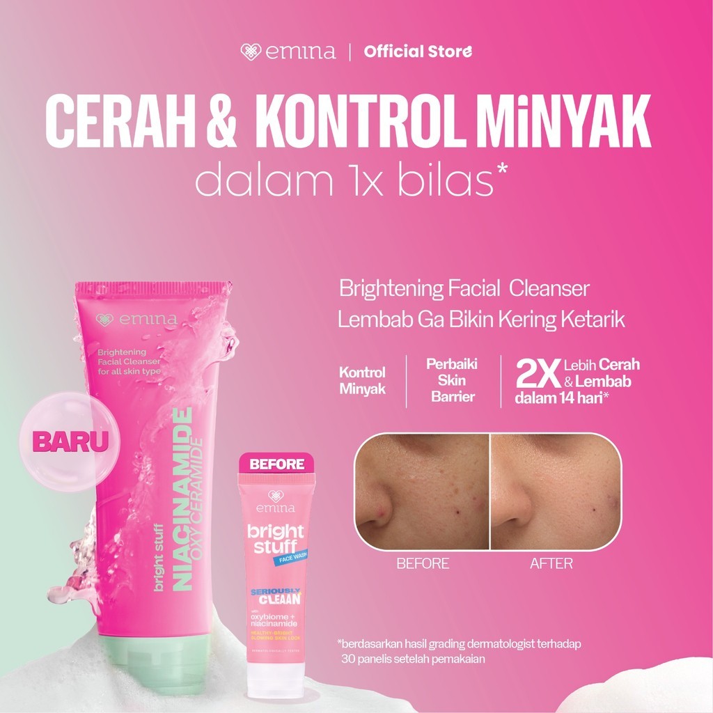 [SPECIAL 11.11] NEW! Emina Niacinamide Oxy Ceramide Brightening Face Wash 50ml 100ml - Sabun Muka Cerah, Glowing, Perbaiki Skin Barrier, Mengontrol Minyak Sebum, Lembab Tanpa Ketarik, Anti Kusam, Cocok untuk semua jenis kulit - Bright Stuff