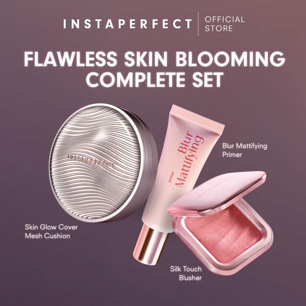 Instaperfect Flawless Skin Blooming Complete Set - Real Skin High Coverage Complexion, Healthy Glow, Blurring, Dimensional Cheeks (Primer + Skin Glow Mesh Cushion + Silk Touch Blusher)- Paket Glowing Make Up